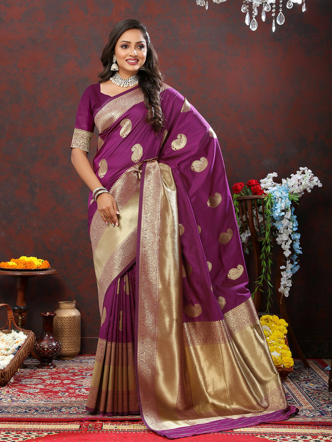 Lorenvalley Fashion Wine Soft Silk Woven Design Gold Zari Weaving Saree - Distacart