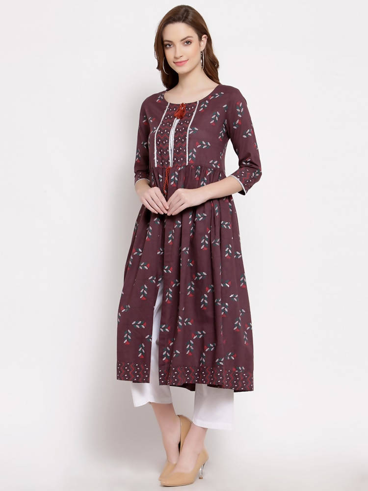 Myshka Women's Wine Cotton 3/4 Sleeve Round Neck Printed Casual Shrug