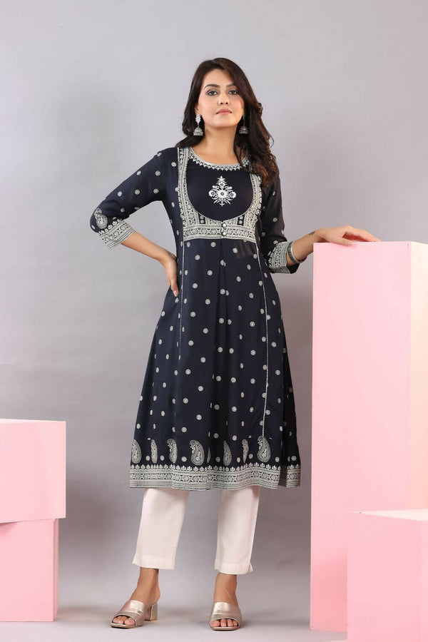 Juniper Women Indigo Rayon Printed A-Line Kurta - Distacart