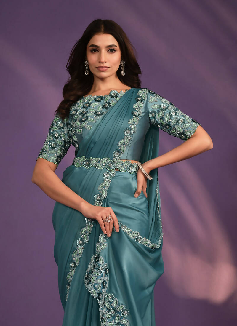 Rama Crepe Satin Silk Embroidered Saree With Stitched Blouse - Mohmanthan Exotica - Distacart