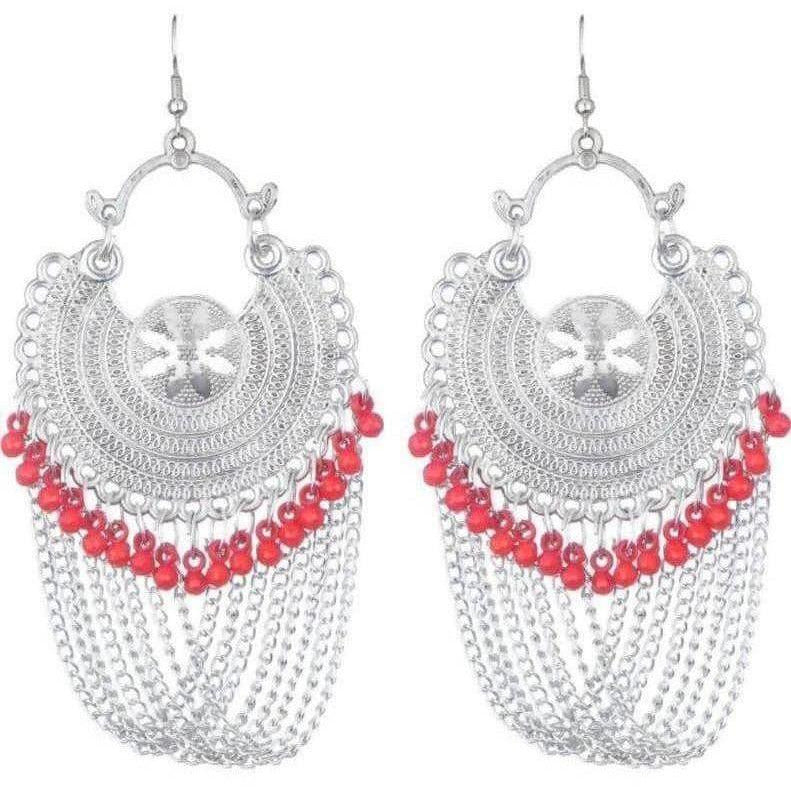 Latest Fashion Half Moon Earrings With Chains And Red Pearls