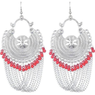 Latest Fashion Half Moon Earrings With Chains And Red Pearls