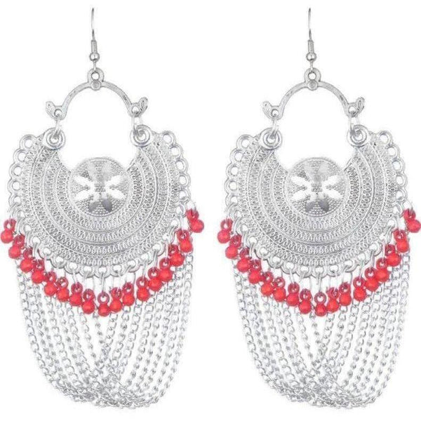 Latest Fashion Half Moon Earrings With Chains And Red Pearls