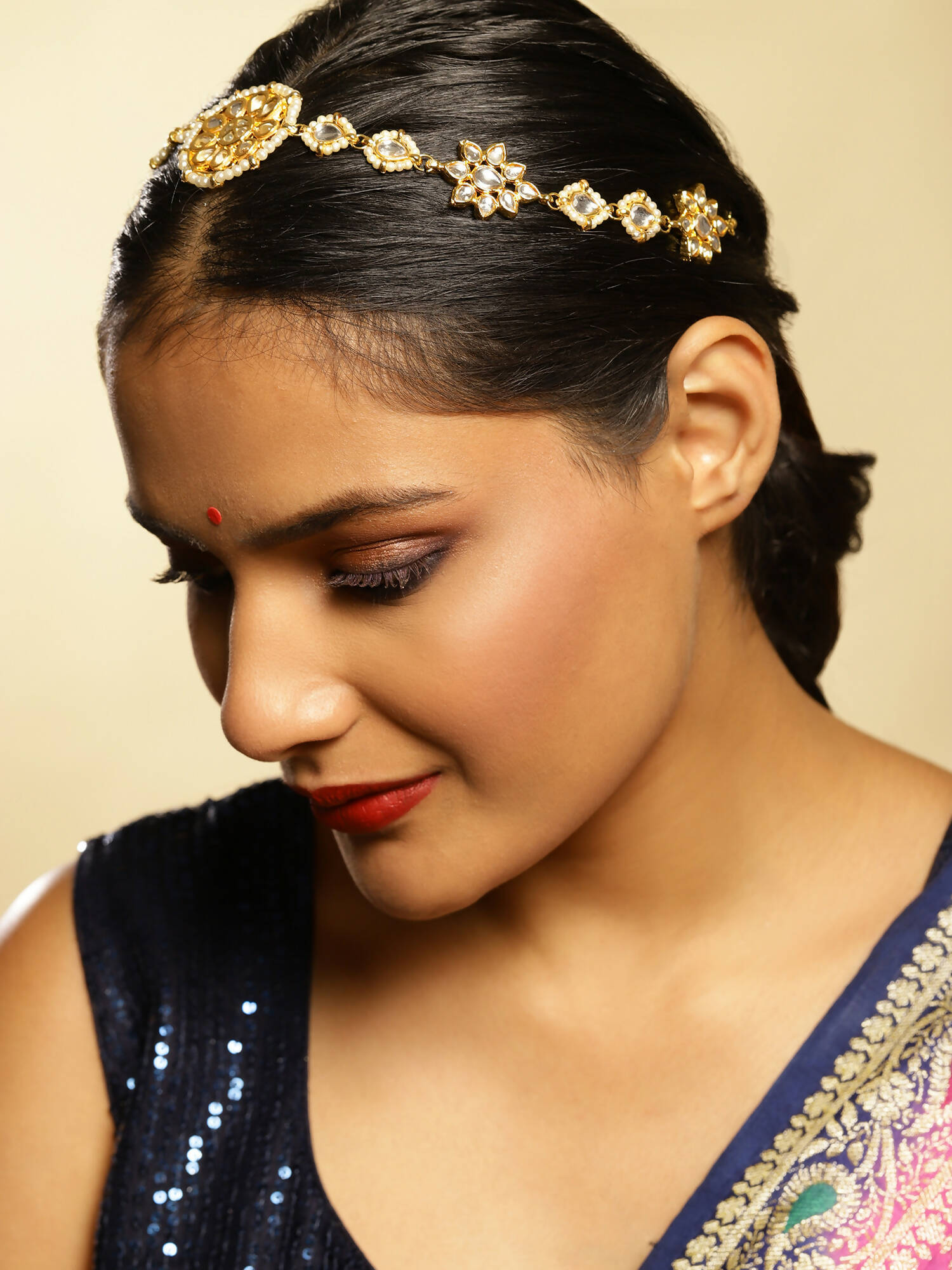 Gold-Plated White Kundan-Studded Pearl Beaded Hair Band - Ruby Raang - Distacart