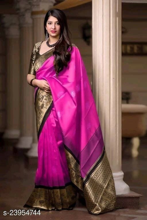 DEIANA'S Beautiful Golden Jari with New Design Soft Lichi Silk Saree - Pink - Distacart