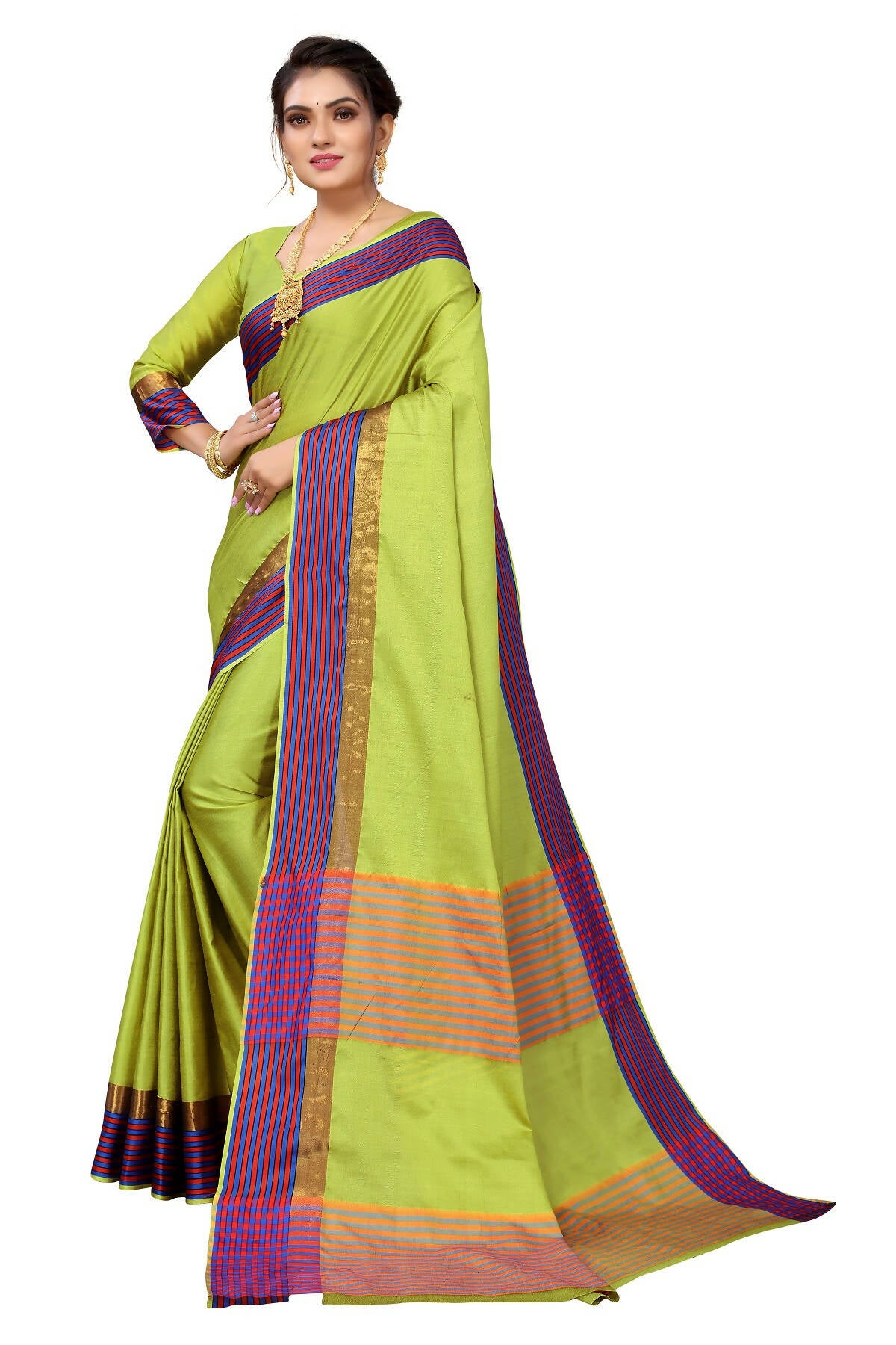Vamika Ethnic Fire Parrot Green Cotton Silk Saree - Distacart