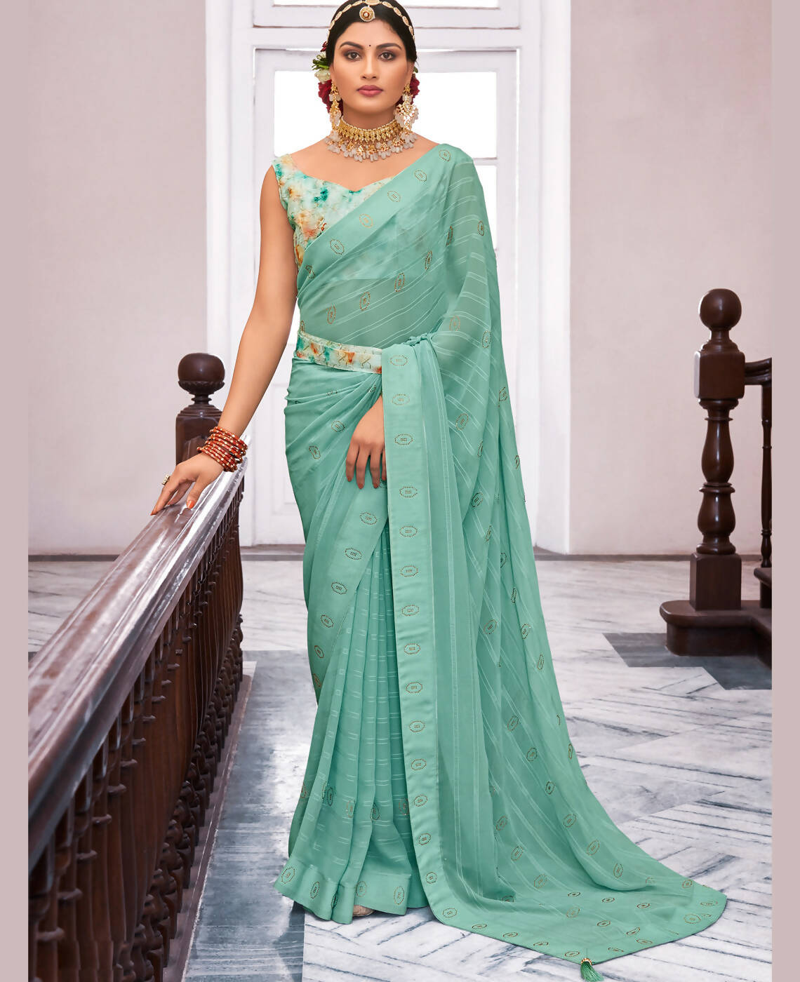 Sea Green Georgette Swaroski Work Saree With Unstitched Blouse Piece - Juhi - Distacart