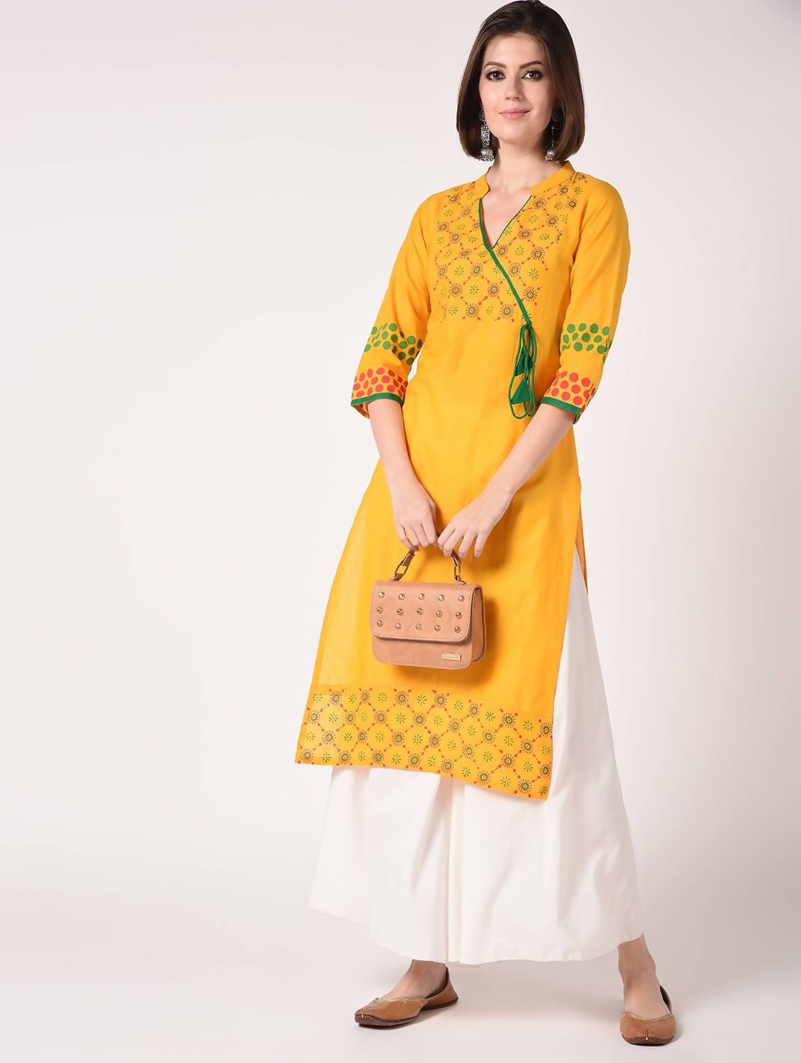Cheera Hand Block print Mustard & White straight Kurta with Palazzo