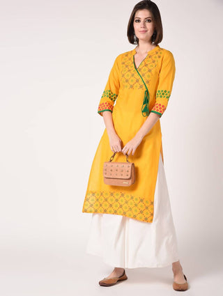 Cheera Hand Block print Mustard & White straight Kurta with Palazzo
