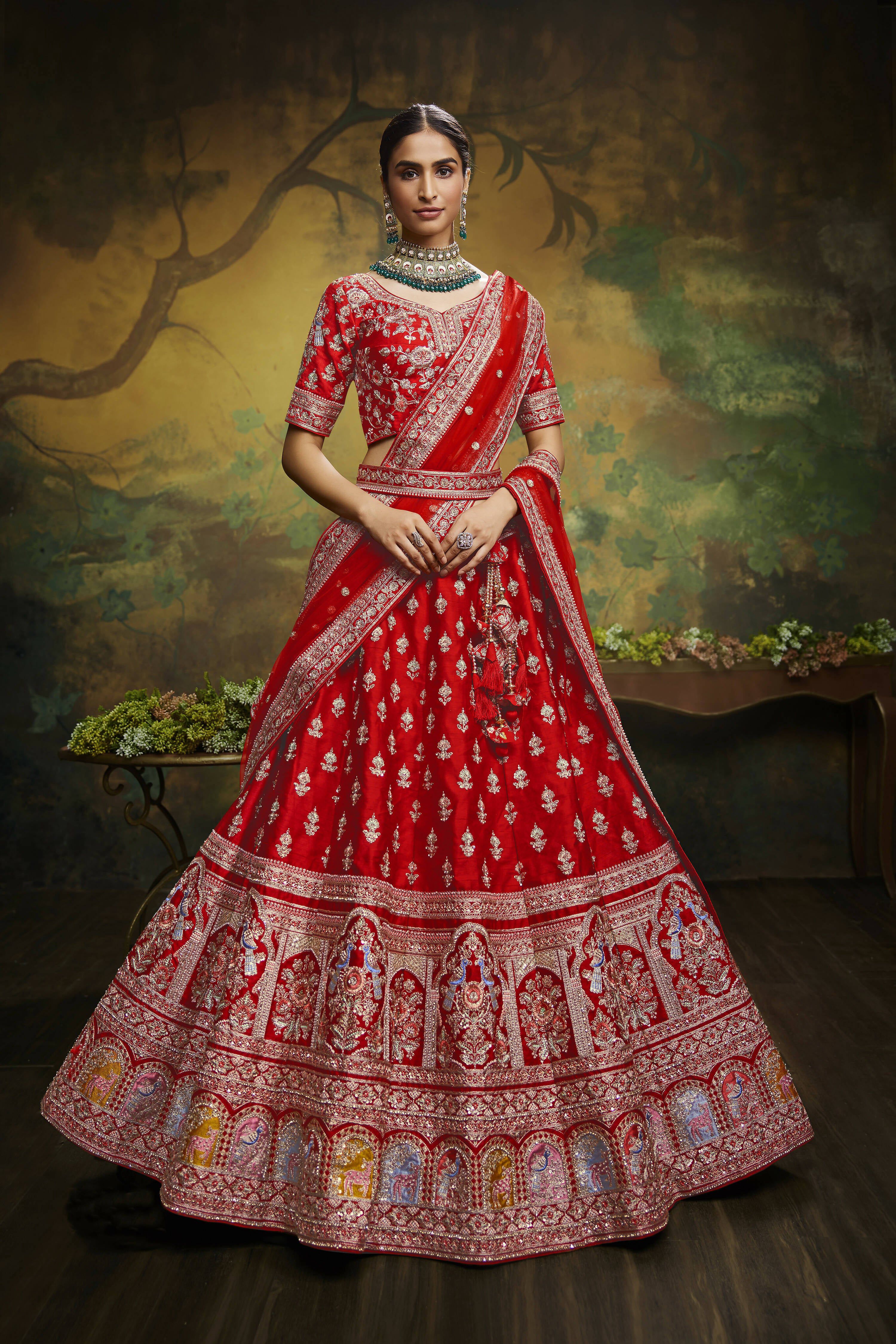 House of Panchhi Red Pure Silk Moti & Zarkan heavy embroidery Lehenga choli & Dupatta - Distacart