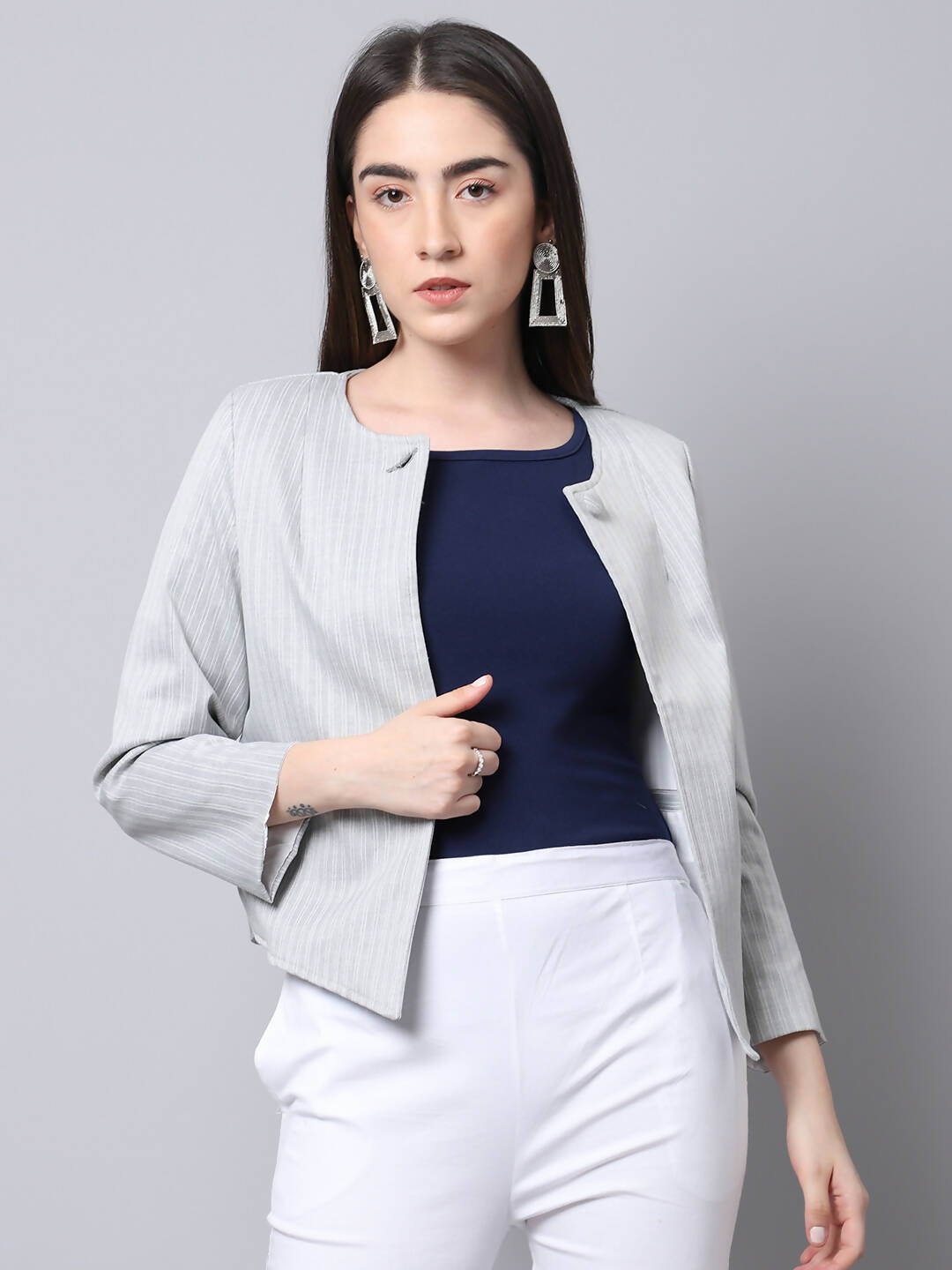Even Apparels Grey Polywool Open Front Statement Women's Jacket - Distacart