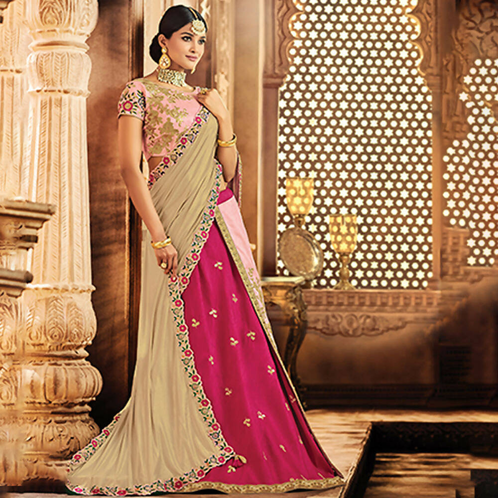 Pink Raw Silk Thread Zari And Sequins Embroidery Semi-Stitched Lehenga Saree - Mohmanthan Dezzy - Distacart