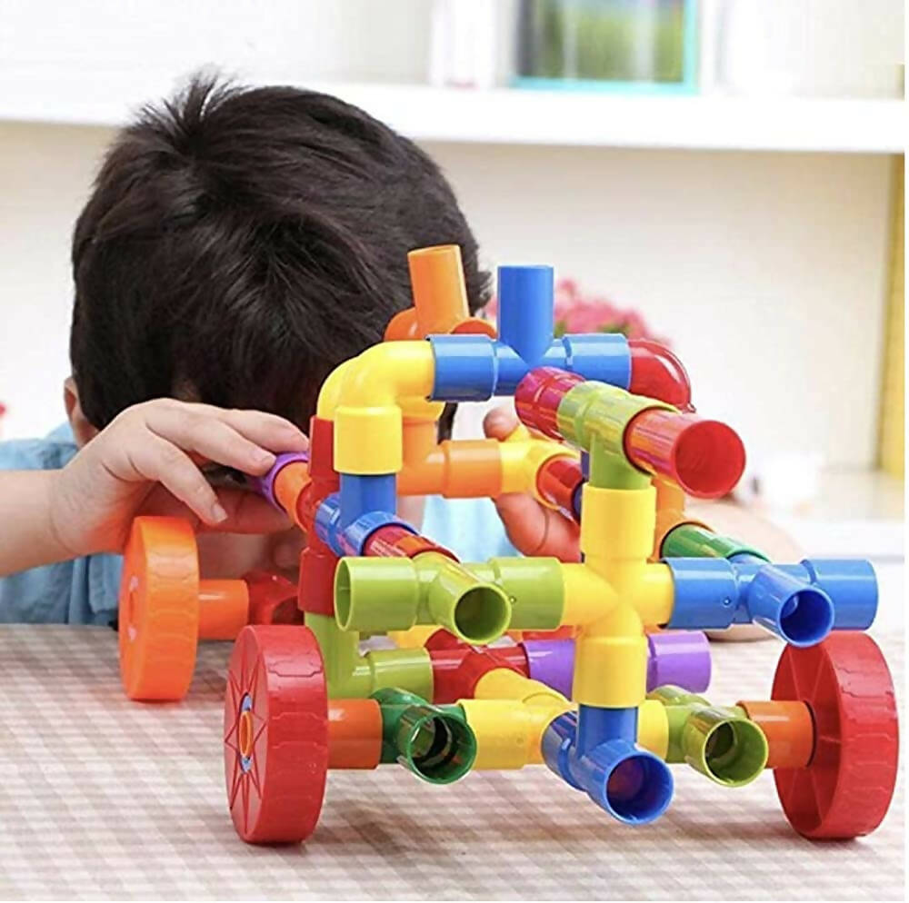 Kipa 150 Pieces Pipe Puzzle with Storage Container, Educational & Intellectual Playing Model Construction Blocks with Rolling Wheelbase - Distacart