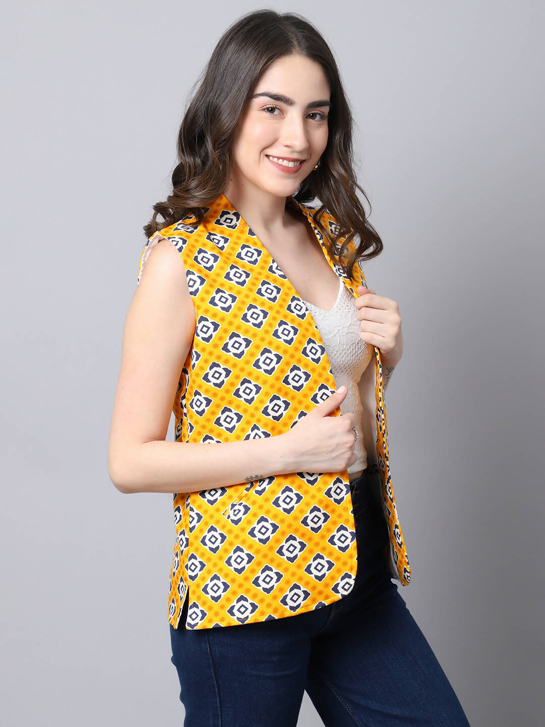 Even Apparels Yellow Viscose Rayon Open Front Women's Waistcoat - Distacart