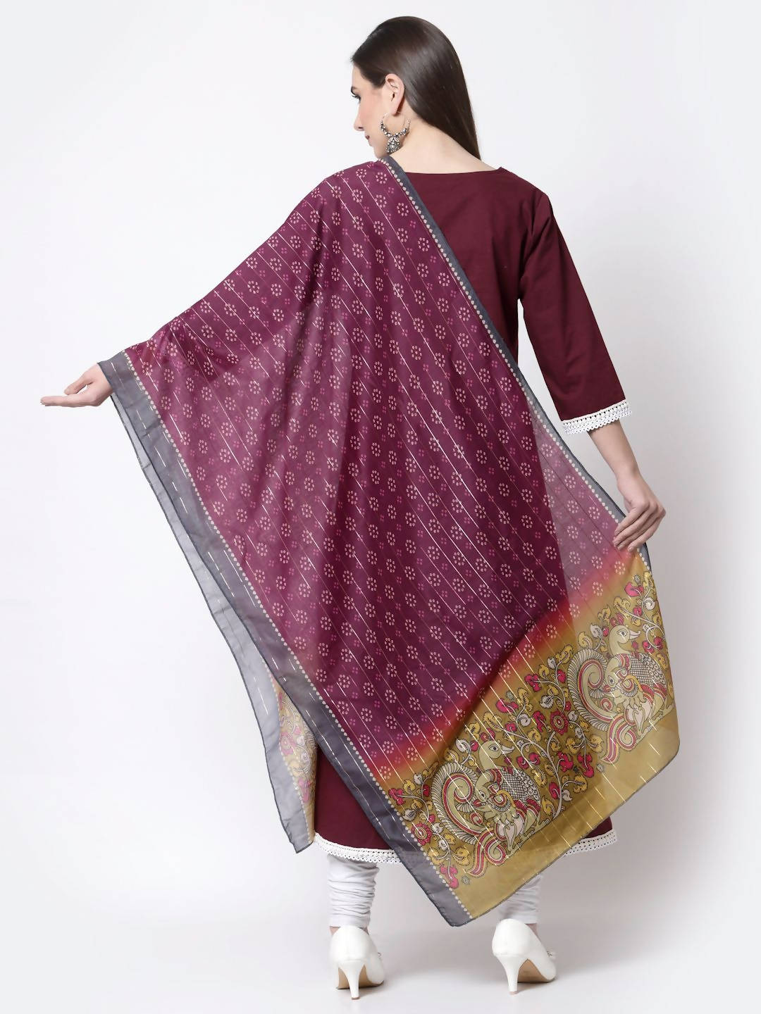 Myshka Burgandy Printed Cotton Full Sleeve V Neck Casual Kurta Dupatta Set