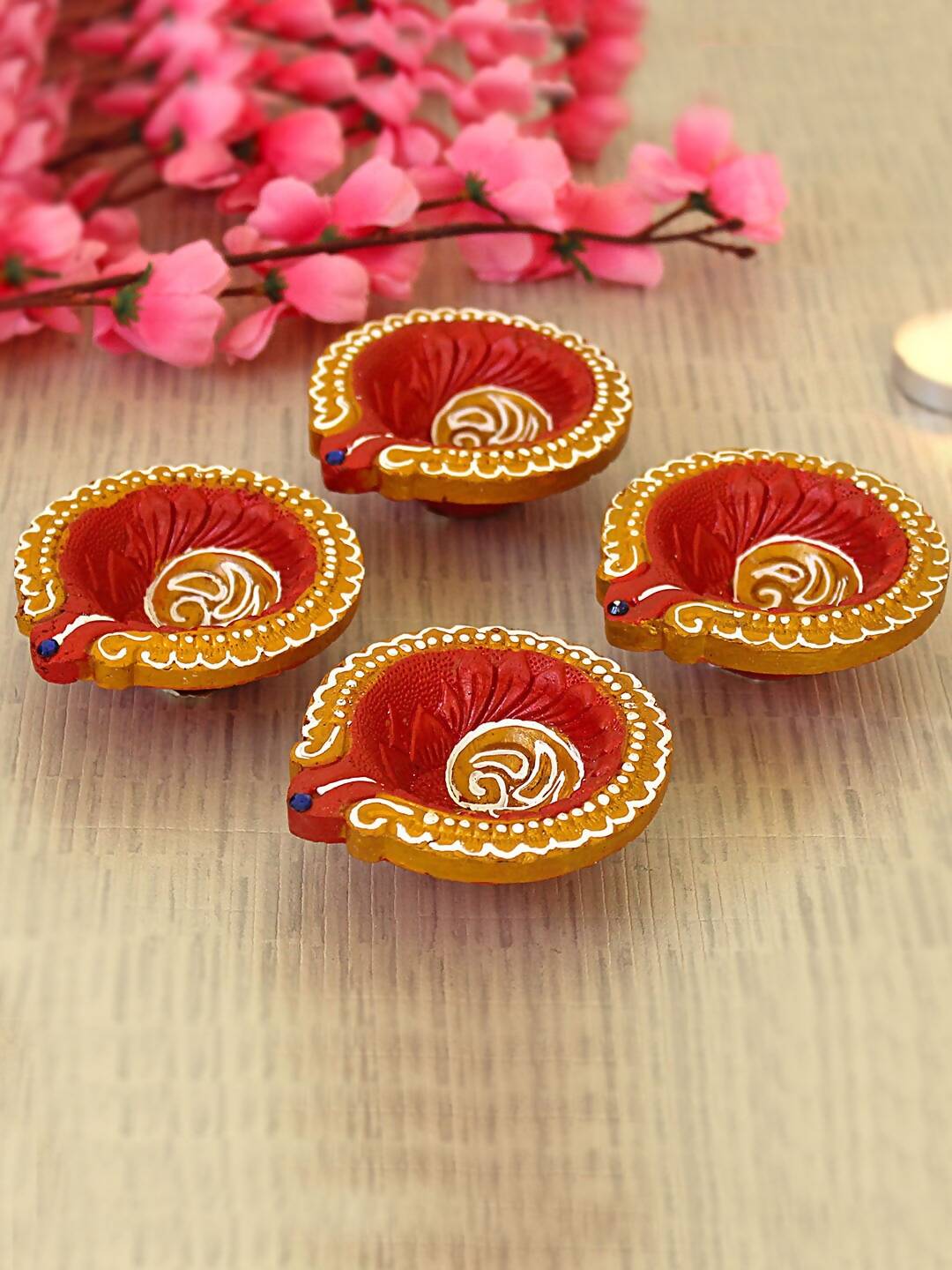 Tied Ribbons Set Of 4 Terracotta Diyas - Distacart