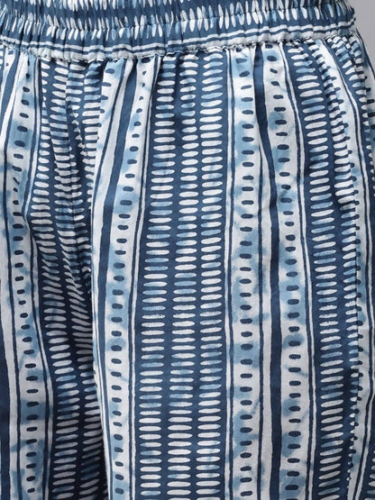 Yufta Women Blue & White Printed Pure Cotton Kurta with Trouser & Dupatta