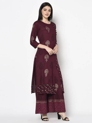 Aniyah Rayon Wine Color Block Print Straight Kurta Palazzo Set (AN-174K)