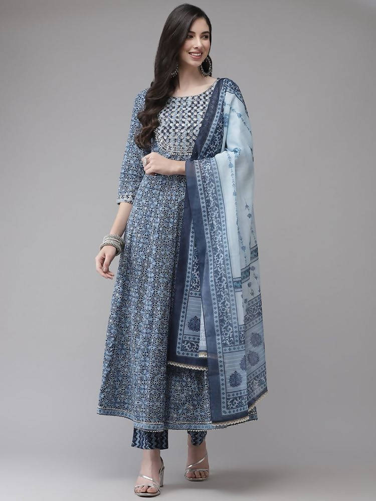 Yufta Women Blue Floral Yoke Design Angrakha Pure Cotton Kurta with Trouser With Dupatta