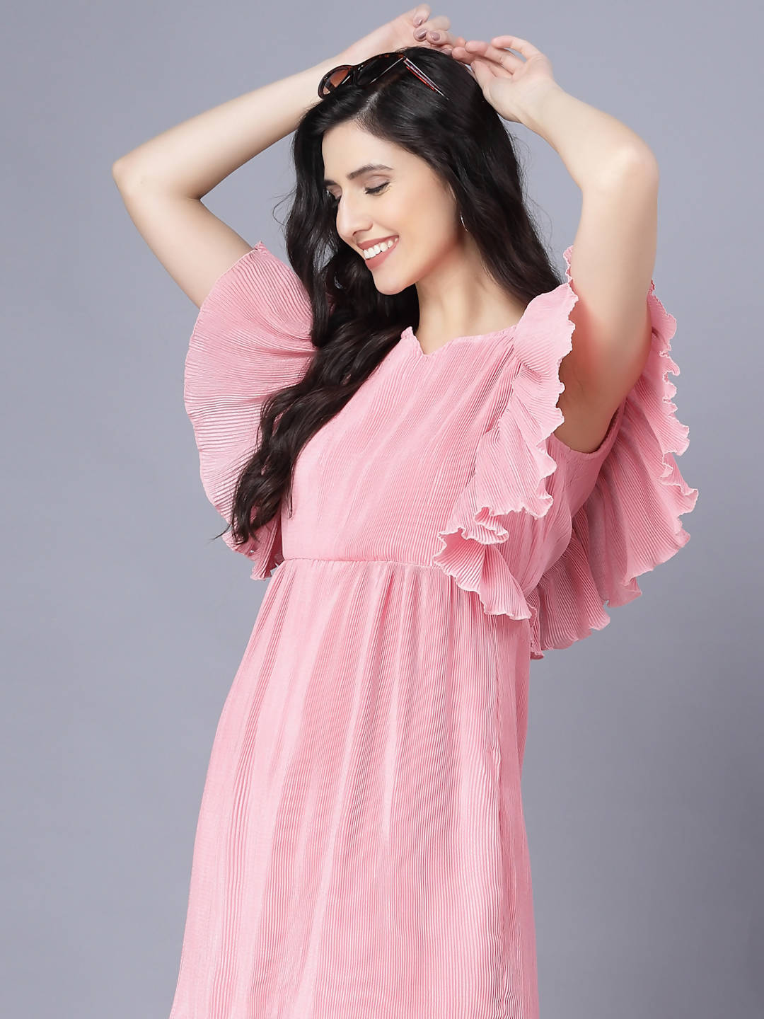 Myshka Chiffon Solid Short Sleeve Round Pink Women Dress - Distacart