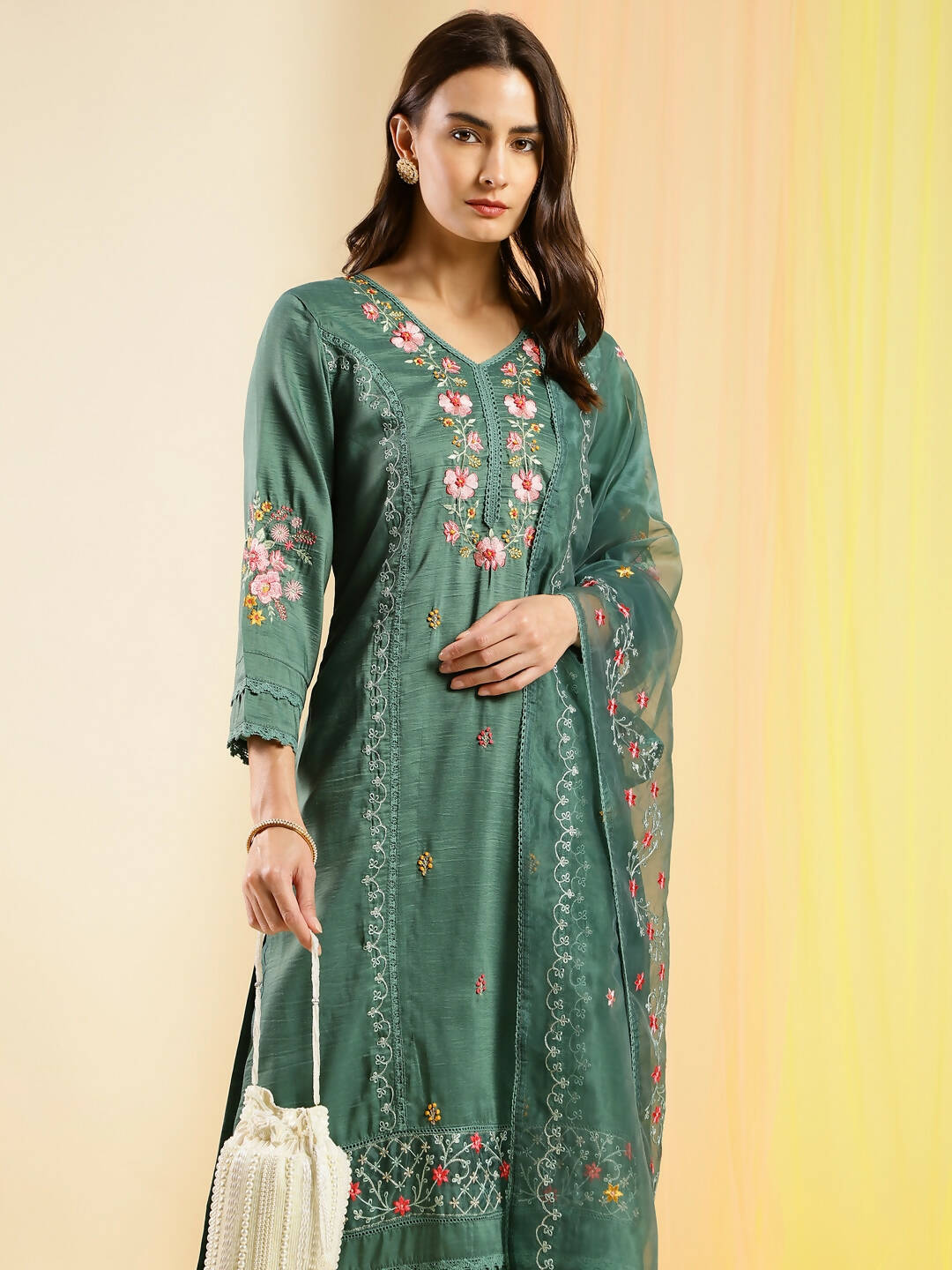 Green Chinon Embroidered Straight Kurta with Trouser & Dupatta - Salimar - Distacart