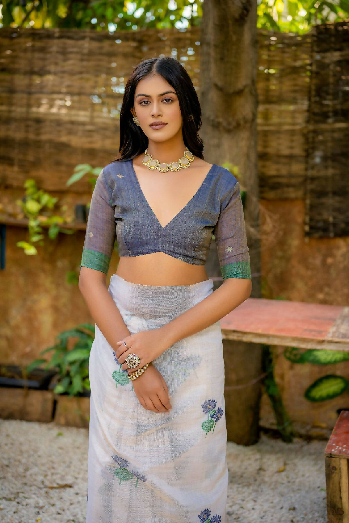 Vishnu Weaves Women's Navy-Blue Muga Cotton Woven Butti Saree with Blouse - Distacart