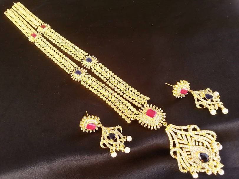 Blue & Pink AD Bridal Long Necklace Set