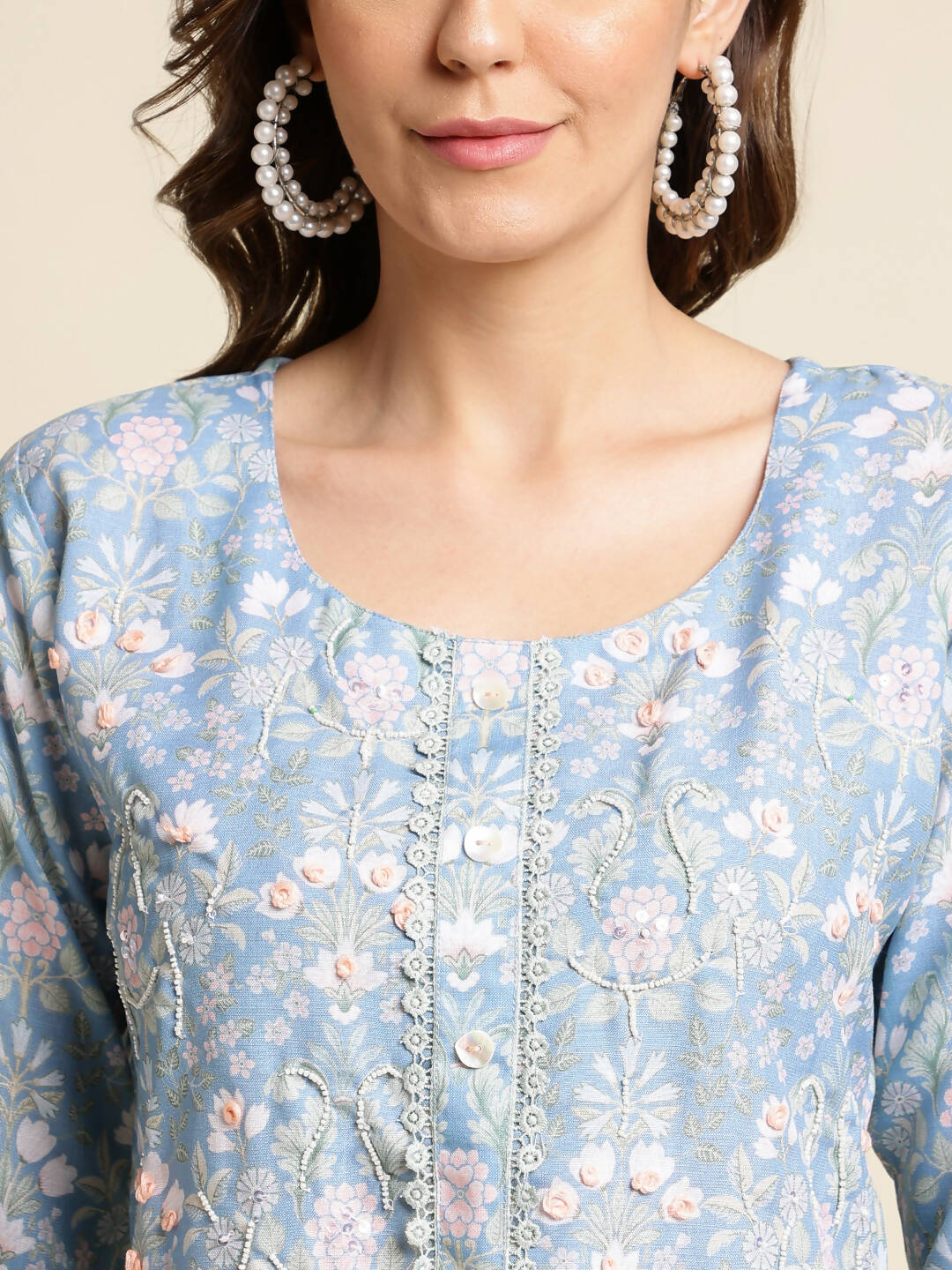 Blue Linen Floral Printed Straight Fit Kurta - Prasuti - Distacart