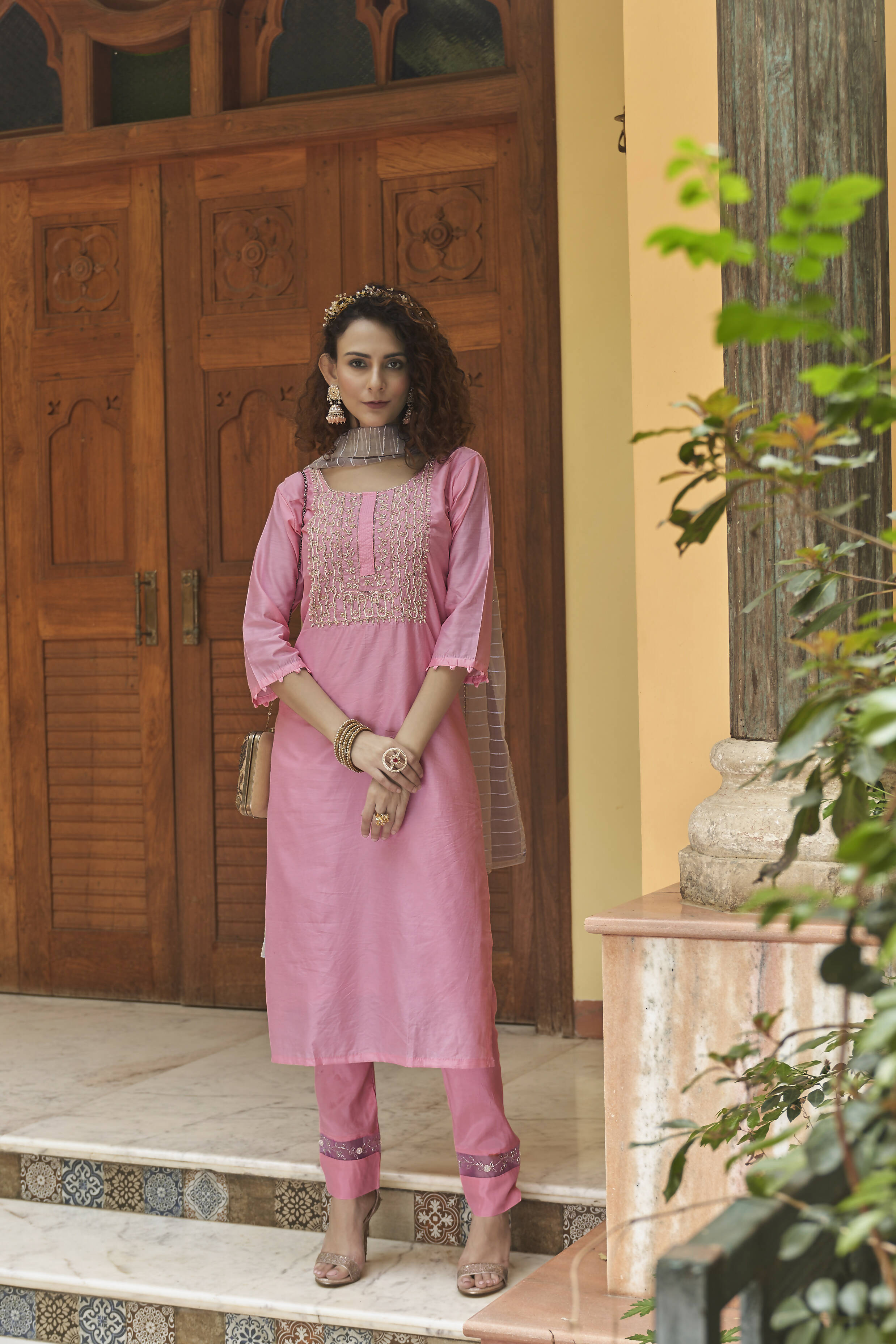 Pink Chinon Embroidered Kurta and Bottom with Dupatta - Akashara - Distacart
