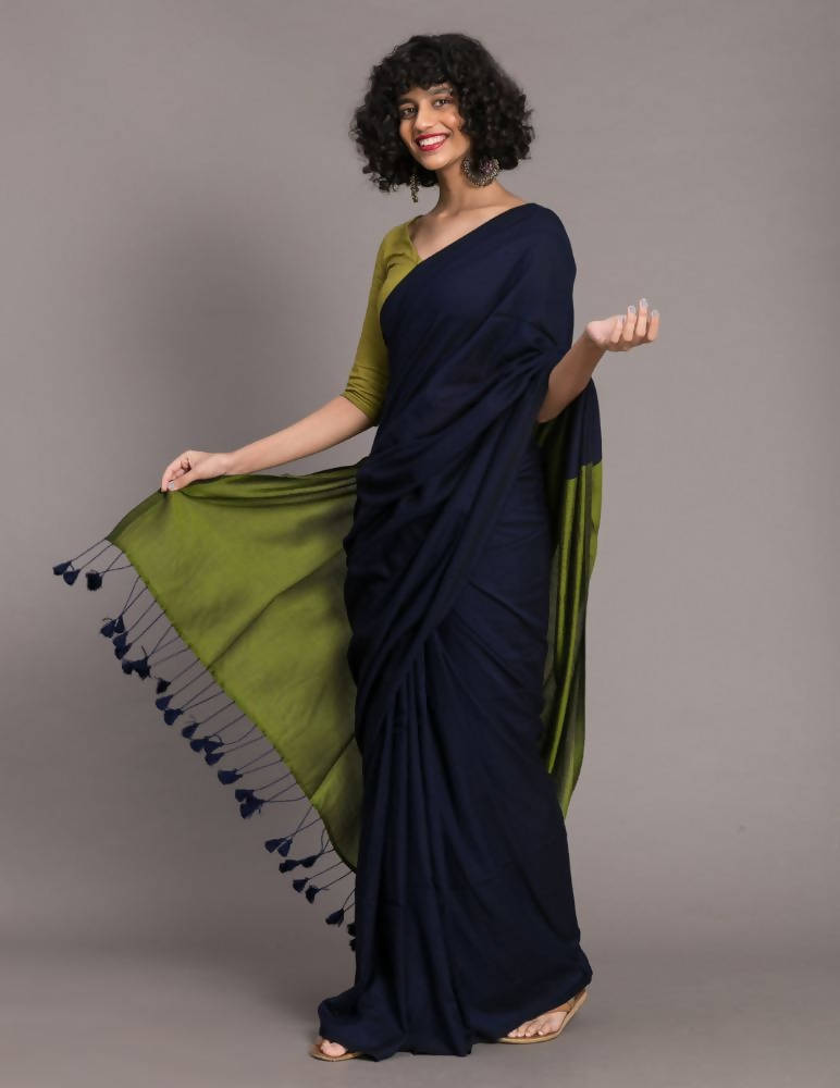 Suta Blue Green Colourblocked Cotton Blend Saree - Distacart