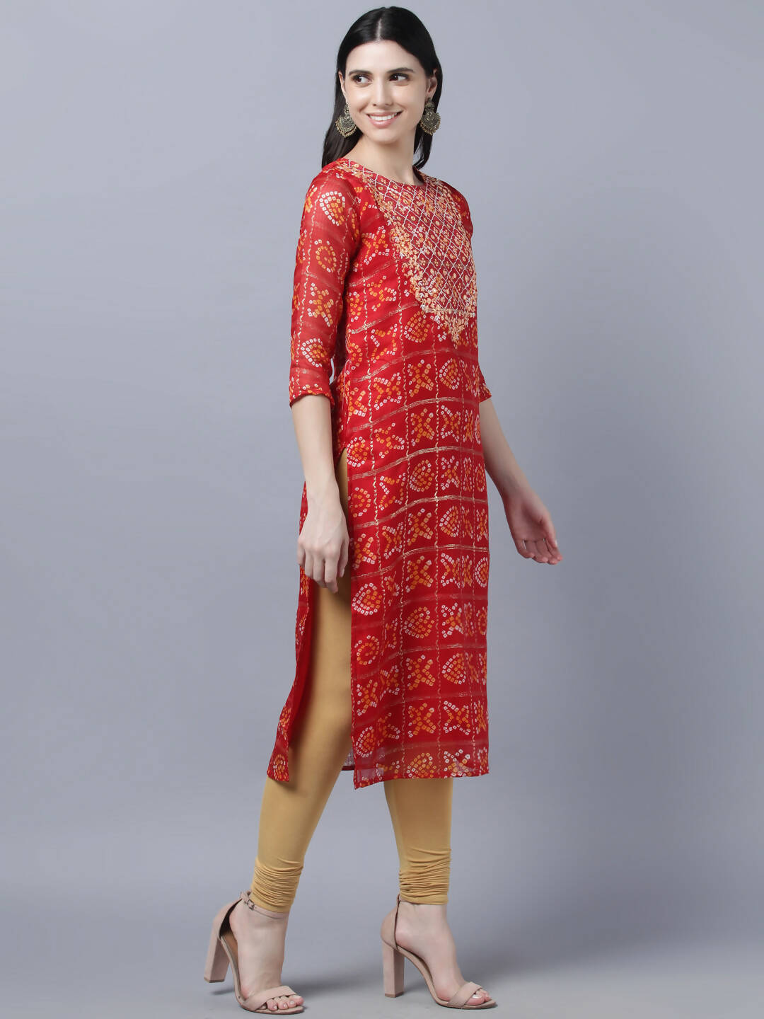 Myshka Women Red Yellow Bandhani Printed Mirror Work Kurta - Distacart