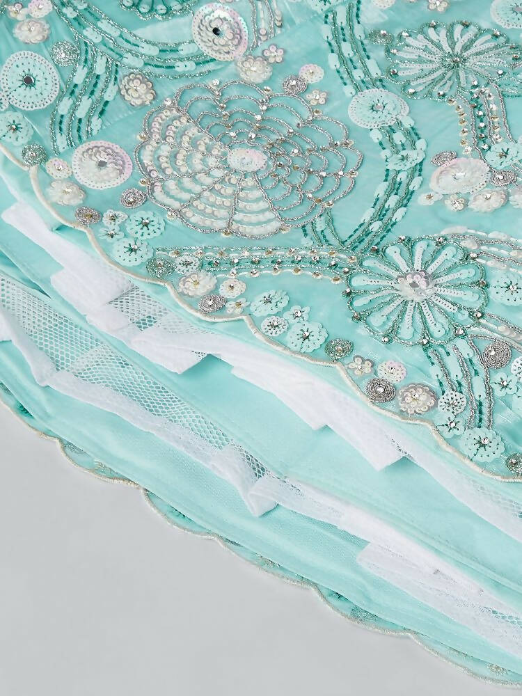 House of Panchhi Turquoise Blue Organza Sequins, Zarkan And Thread Embroidery Lehenga Choli & Dupatta - Distacart