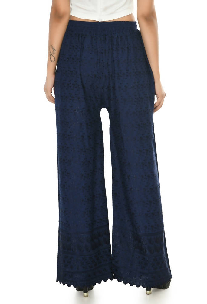 Mominos Fashion Moeza Reyon Cotton Navy Blue Chikan Work Palazzo