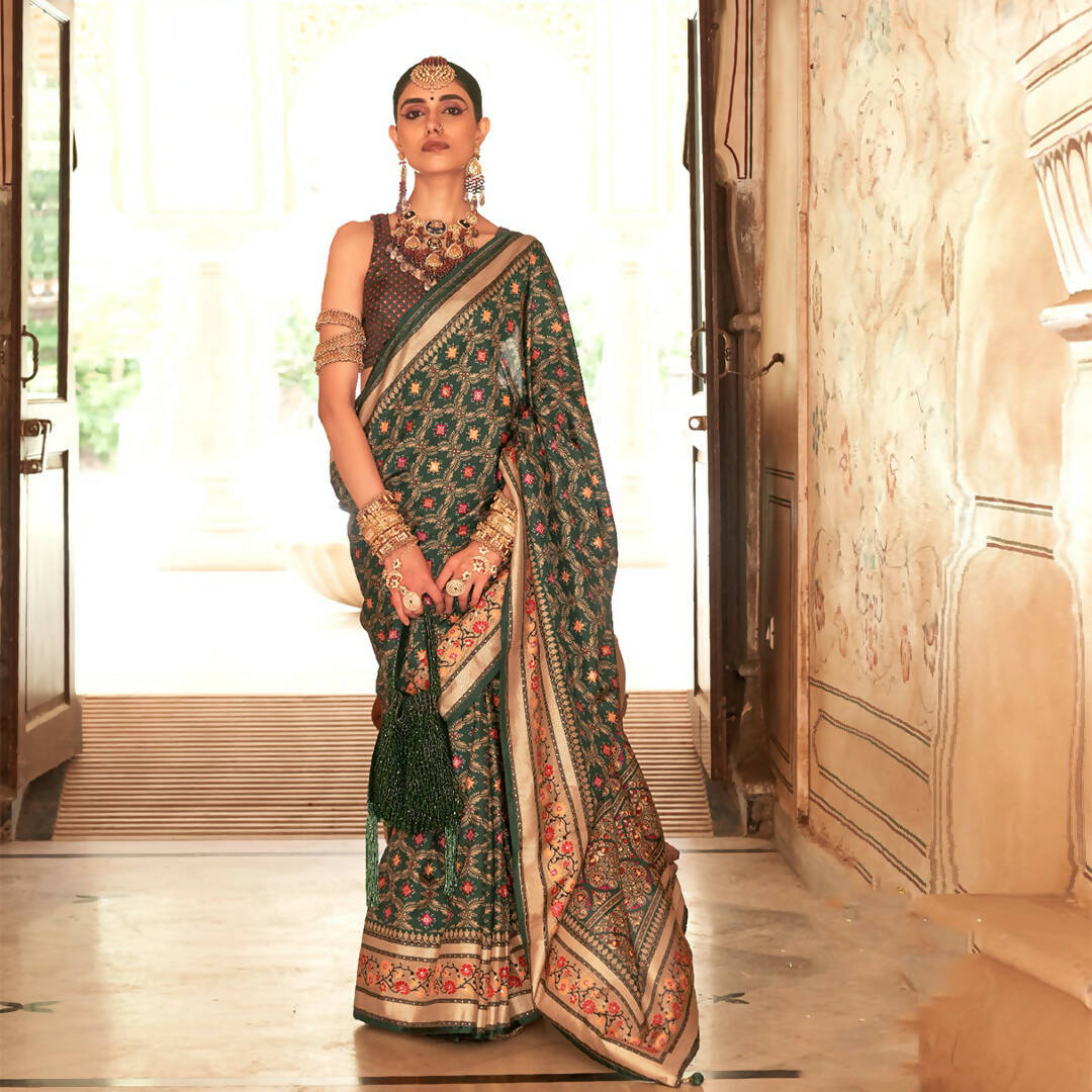 Green Silk With Banarasi Print Work Saree - Trirath Yamuna - Distacart