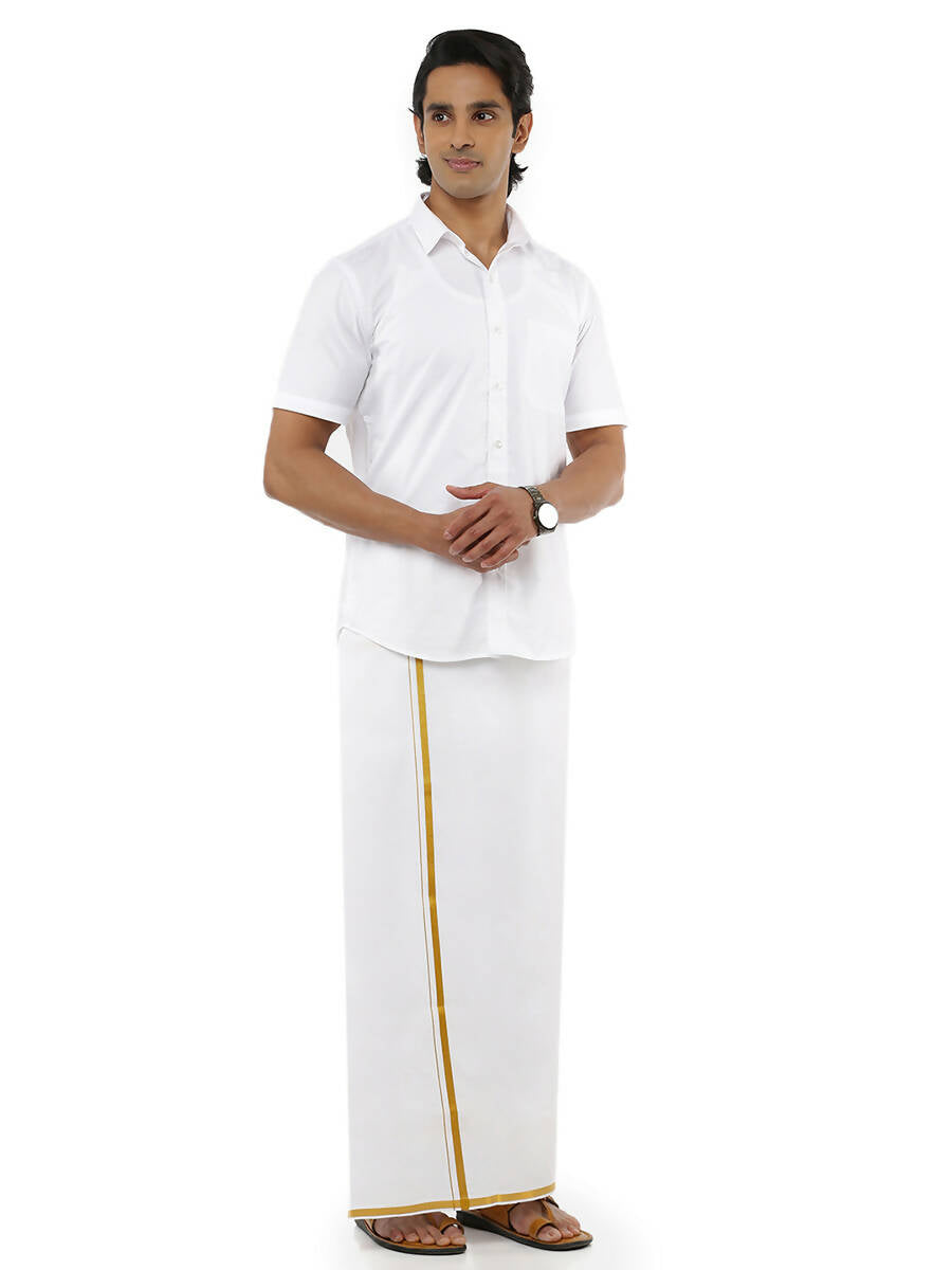 Ramraj Cotton Mens Poly Cotton 1/2" Gold Jari Dhoti - White - Distacart
