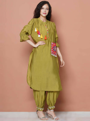 Women Republic Green Art Silk Embroidered Kurta with Afghani Salwar - Distacart