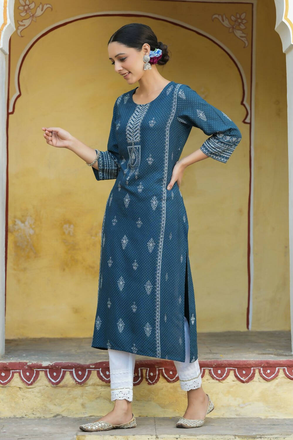 Juniper Women's Blue Rayon Staple Printed Straight Kurta - Distacart