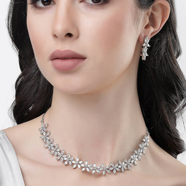 NVR Women Silver Plated Cz Stone Handcrafted Jewellery Set - Distacart