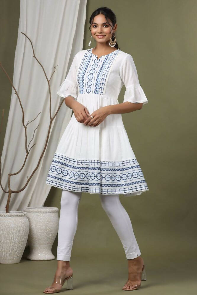 Juniper White Cotton Dobby Festive Embroidered Tiered Dress For Women - Distacart