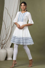 Thumbnail for Juniper White Cotton Dobby Festive Embroidered Tiered Dress For Women - Distacart