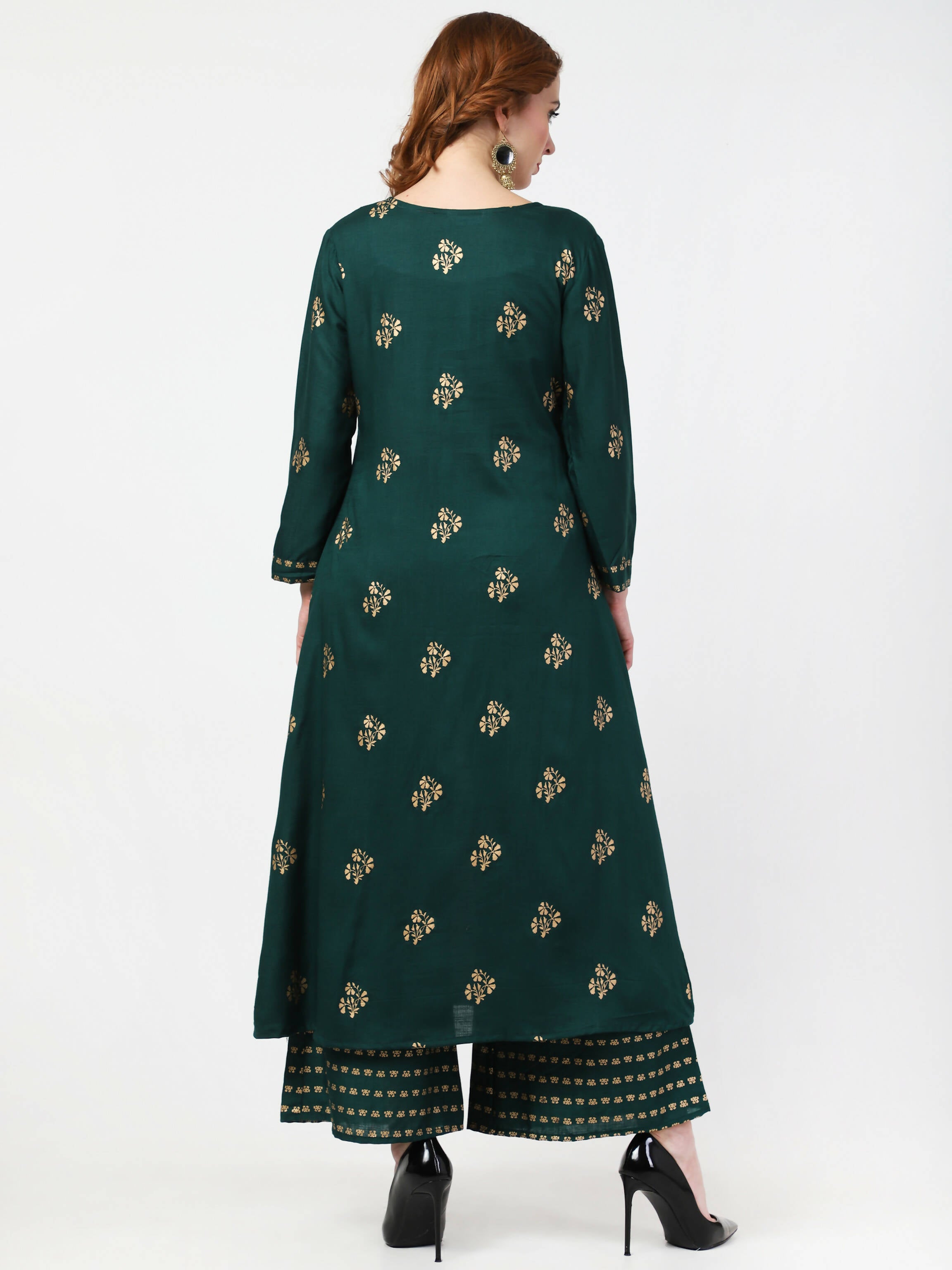 Cheera Embellished Daily Wear Cotton Blend Kurta With Palazoo - Bottle Green - Distacart