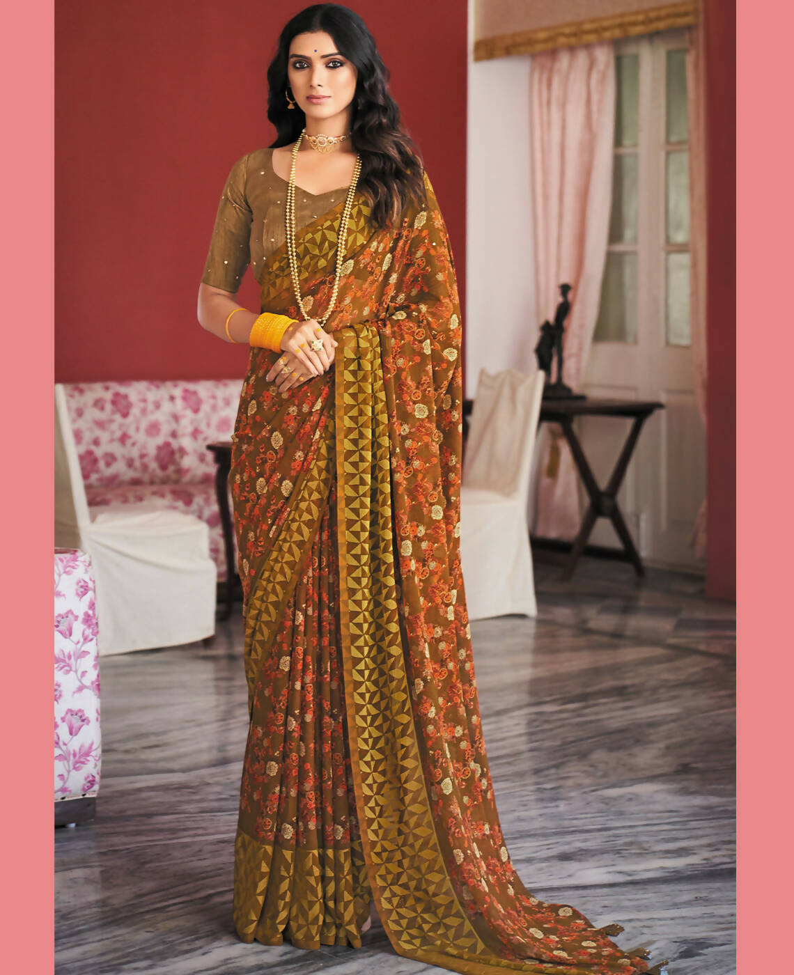 Brown Georgette Brasso Floral Printed Saree With Unstitched Blouse Piece - Zyanya - Distacart
