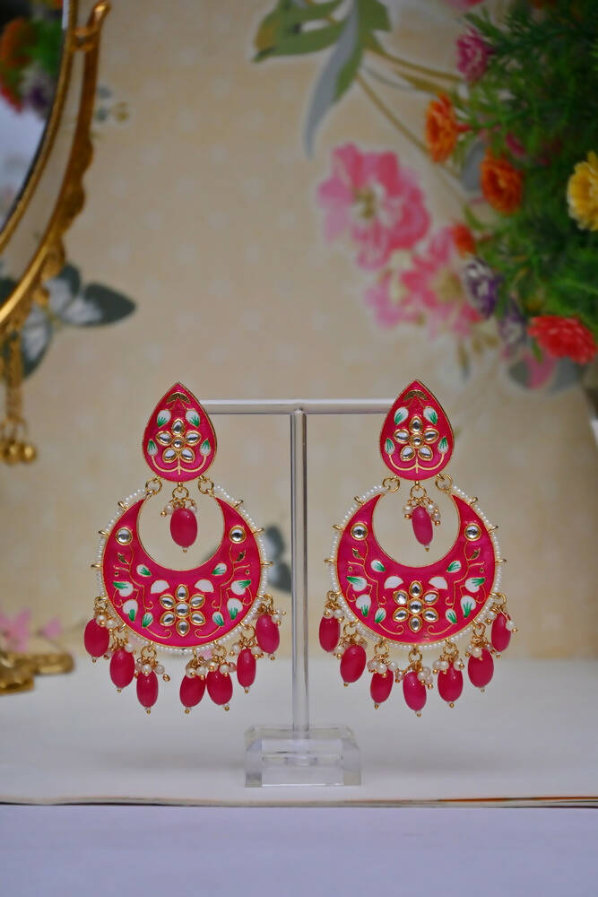 Gold Plated Brass & Pearl Dangle Women Pink Hand Painted Meenakari Chandbali Earrings By House of Ree - Distacart