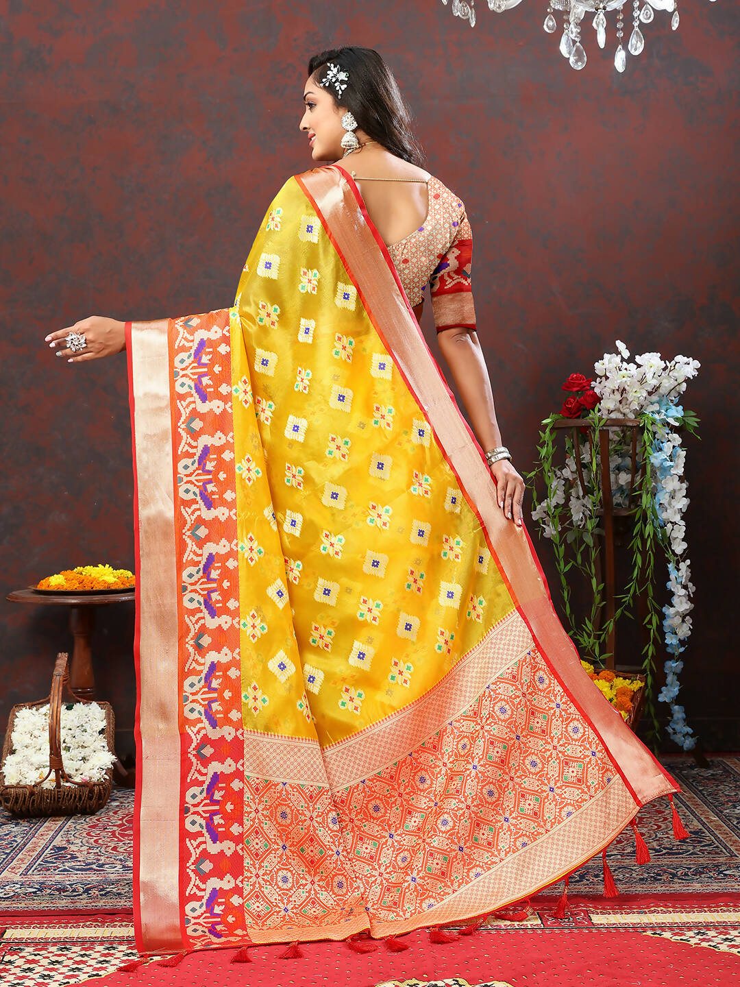 Lorenvalley Fashion Yellow Organza Silk Woven Design with Meenakari Weaving Saree - Distacart