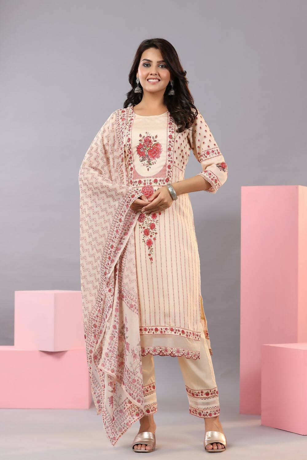 Juniper Women Ecru Muslin Floral Printed Kurta, Pants and Dupatta Set - Distacart