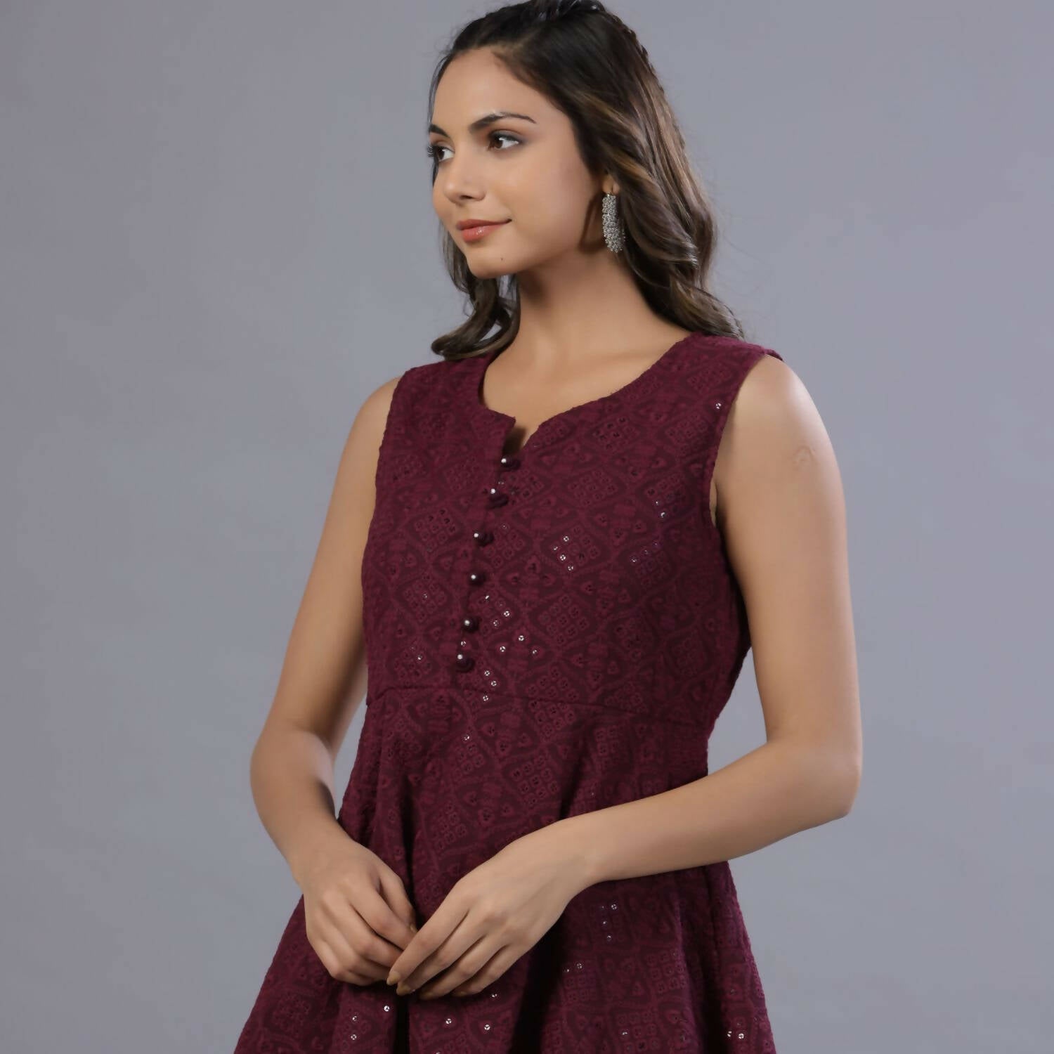 Juniper Women Wine Georgette Embroidered Peplum Tunic - Distacart