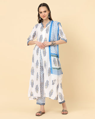 Varanga Women White Viscose Rayon Printed Regular Kurta With Trousers & Dupatta - Distacart