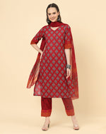 Thumbnail for Varanga Women Red Viscose Rayon Printed Regular Kurta With Trousers & Dupatta - Distacart