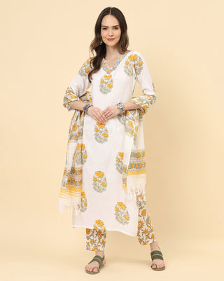Varanga Women White Viscose Rayon Printed Regular Kurta With Trousers & Dupatta - Distacart