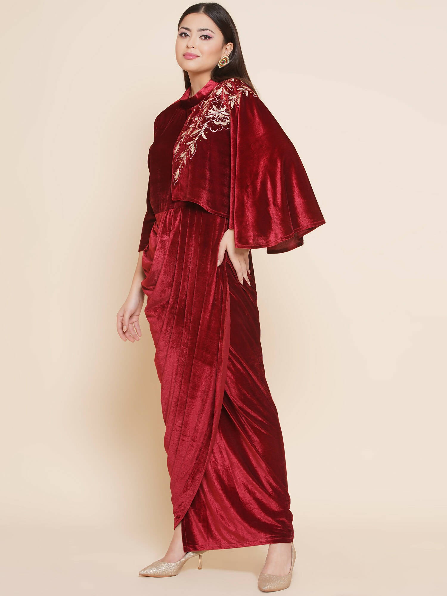 Women Republic Maroon Velvet Drape Styel Gown - Distacart